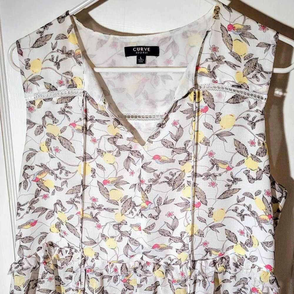 Cute boho tiered sleeveless blouse with tassel ties & fun bird print